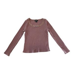 Art Class Girls Ribbed Long Sleeve Top | Size M (8) | Mauve Pink Lace Trim